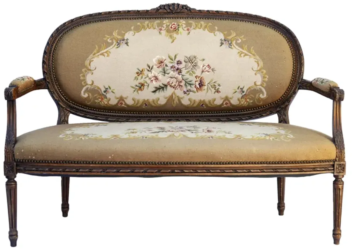 Louis XV Handcarved Needlepoint Settee - Brown