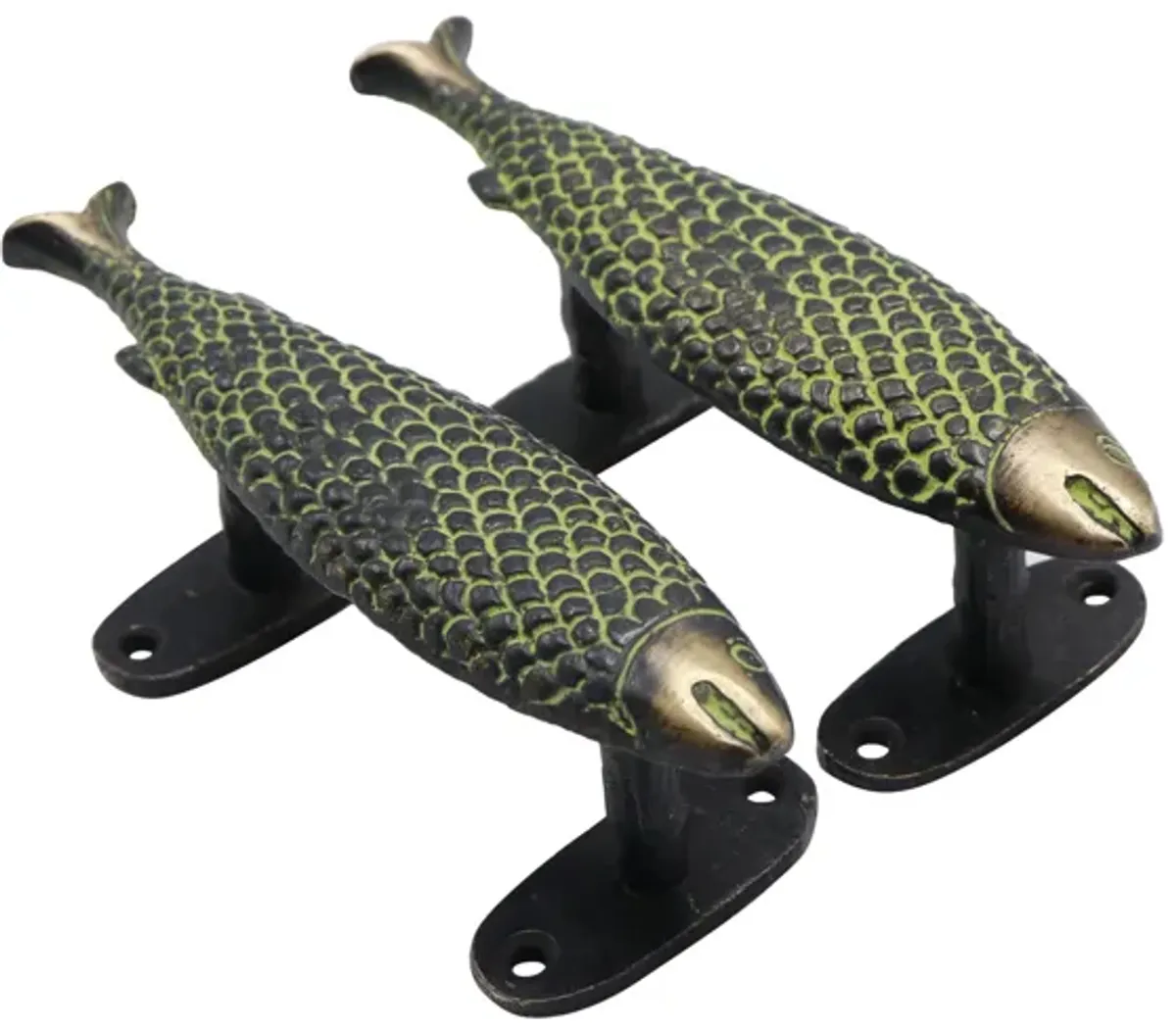 Green Brass Fish Door Handles - a Pair