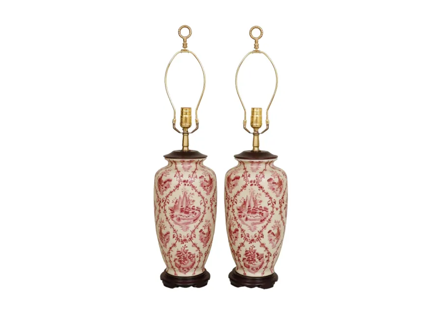 Delft Style Ceramic Table Lamps - a Pair - Red