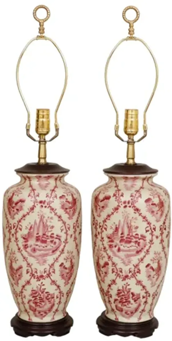 Delft Style Ceramic Table Lamps - a Pair - Interesting Things - Red