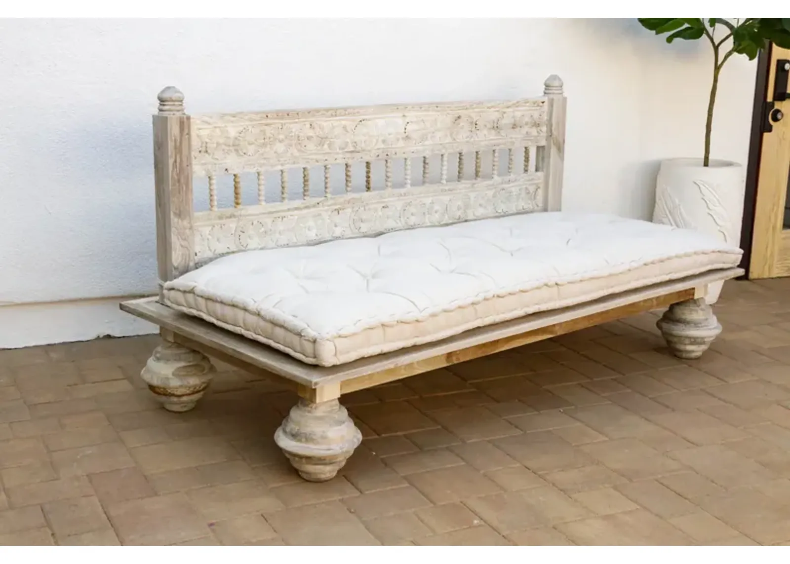 Old Bleached Wood Floral Daybed Sofa - Handcrafted