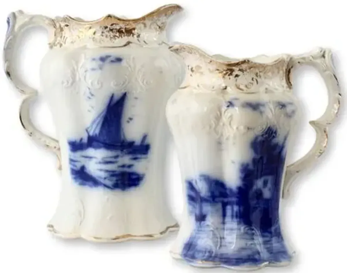 English Flow Blue Nautical Jugs - Set of 2 - New England Mercantile