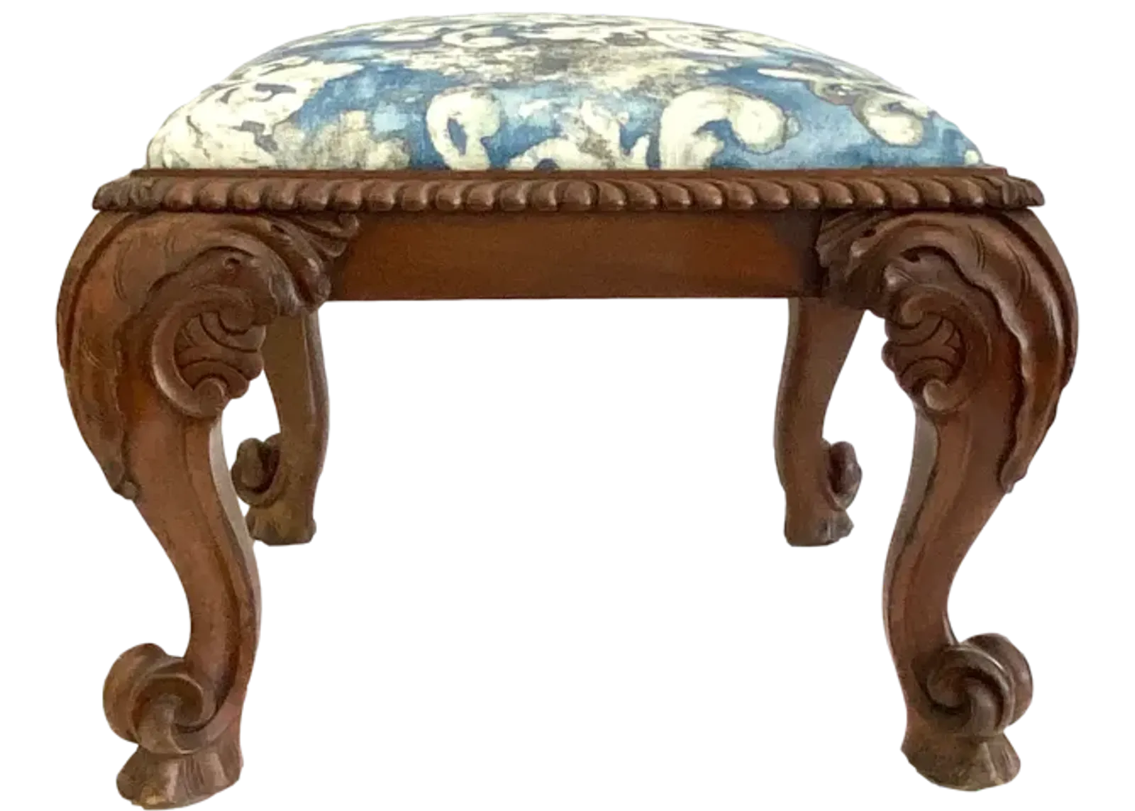 Carved Walnut and Linen Ottoman - Blue