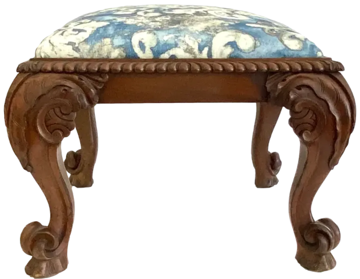 Carved Walnut and Linen Ottoman - Blue