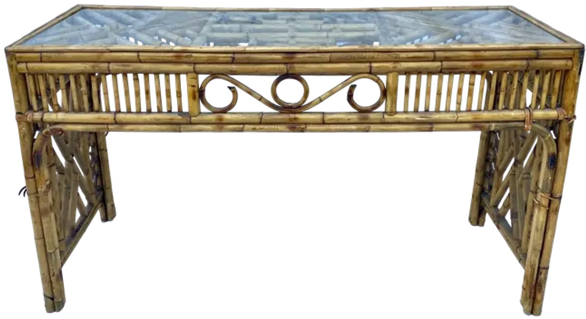 Chinoiserie Bamboo & Glass Console Table - Ballyhoo - Brown