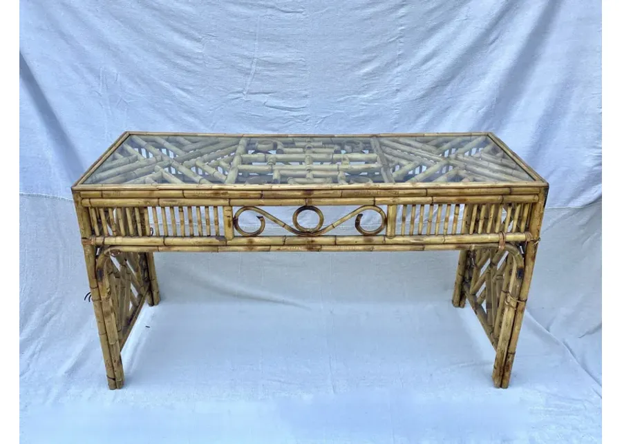 Chinoiserie Bamboo & Glass Console Table - brown