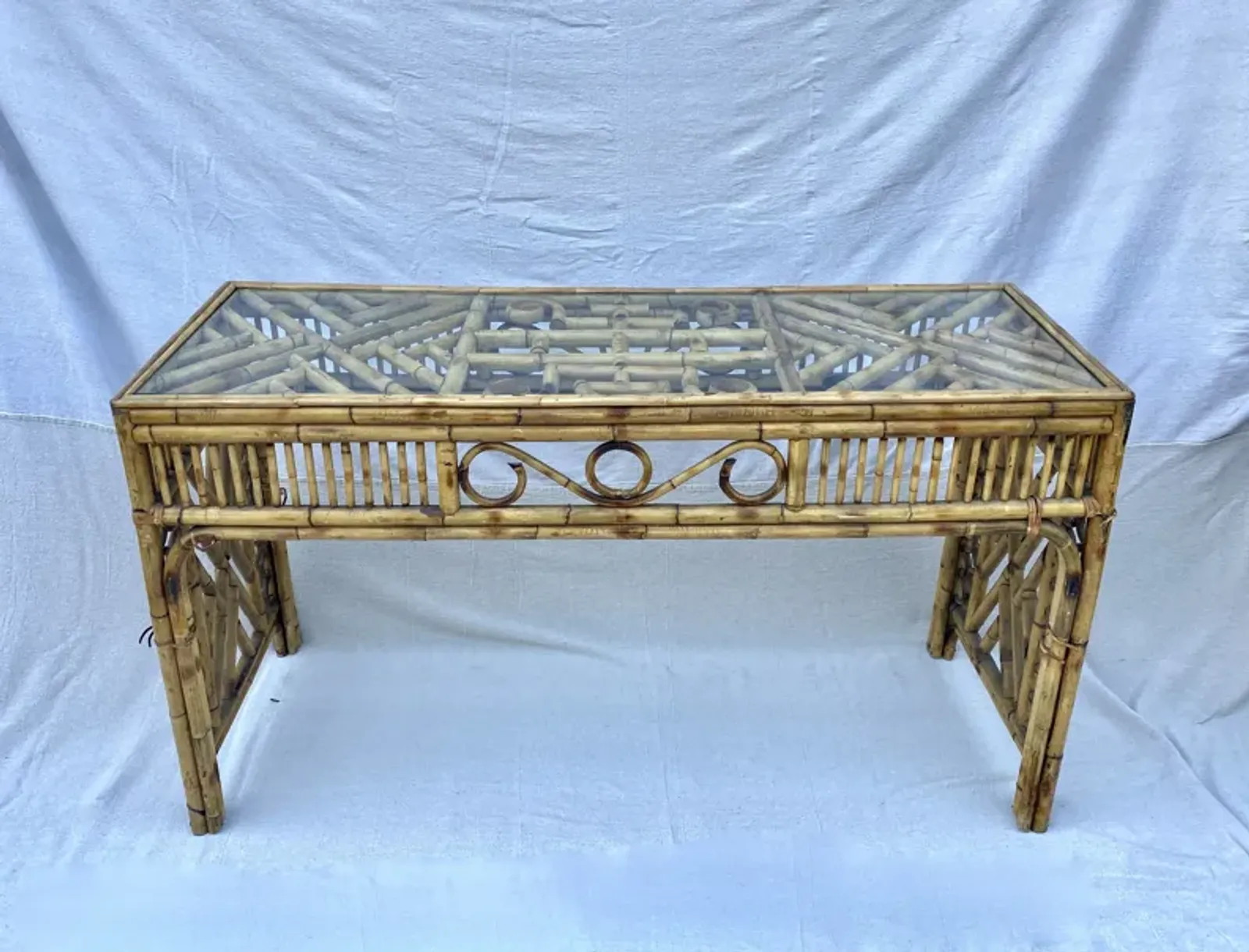 Chinoiserie Bamboo & Glass Console Table - Brown