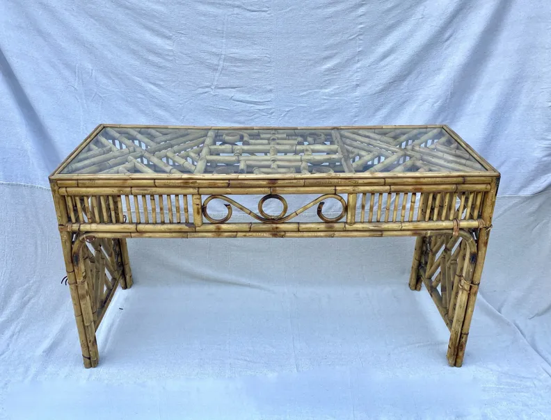 Chinoiserie Bamboo & Glass Console Table - brown