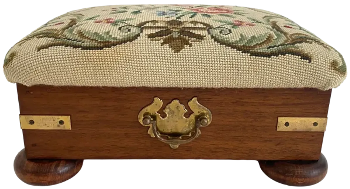 English Needlepoint/ Mahogany Foot Stool - Beige