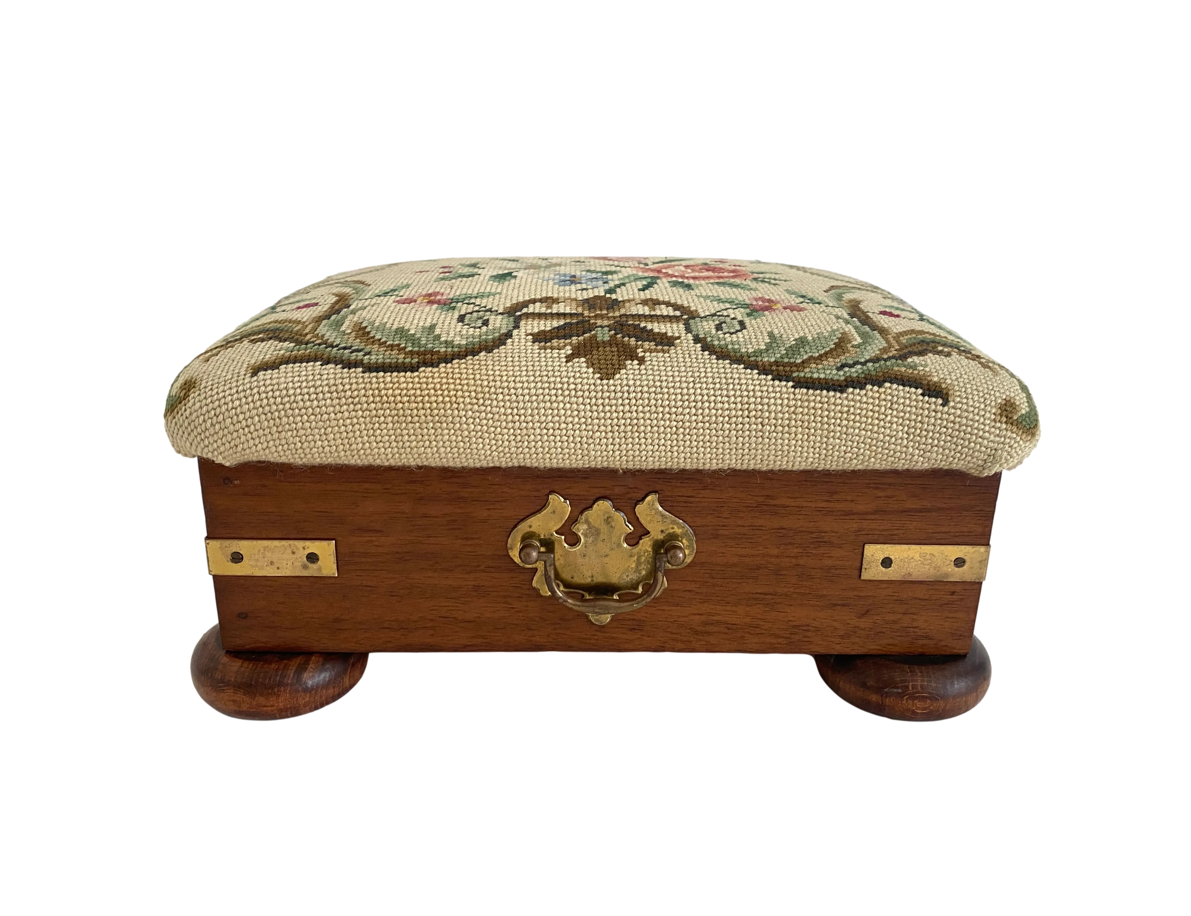 English Needlepoint/ Mahogany Foot Stool - beige