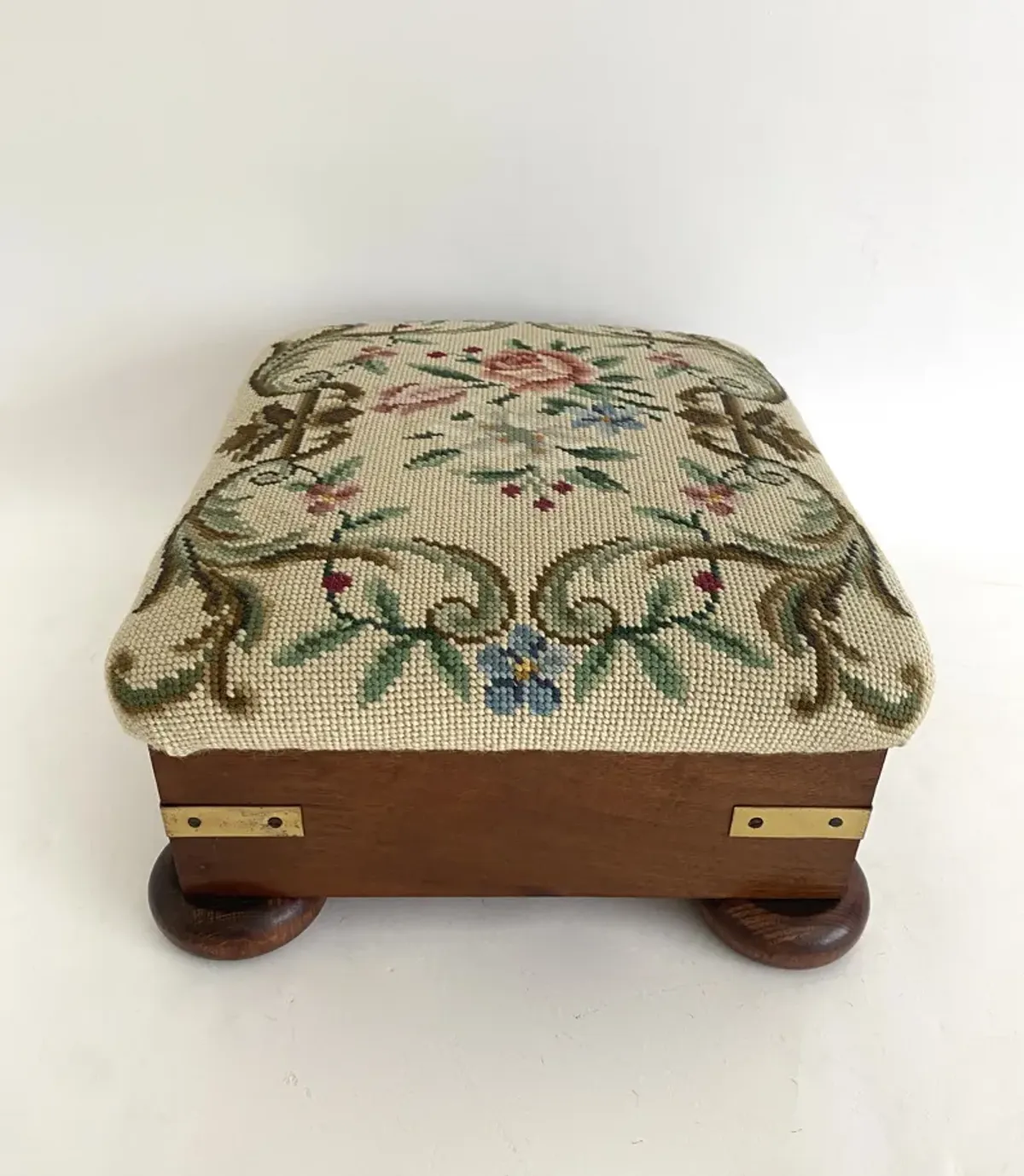 English Needlepoint/ Mahogany Foot Stool - Beige