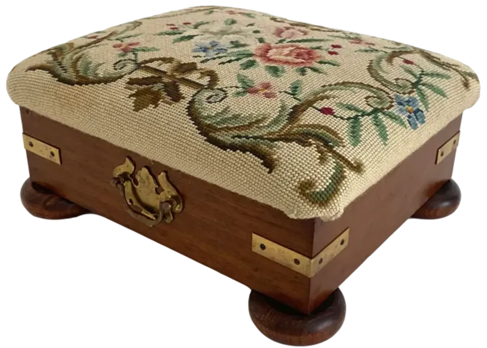 English Needlepoint/ Mahogany Foot Stool - Beige