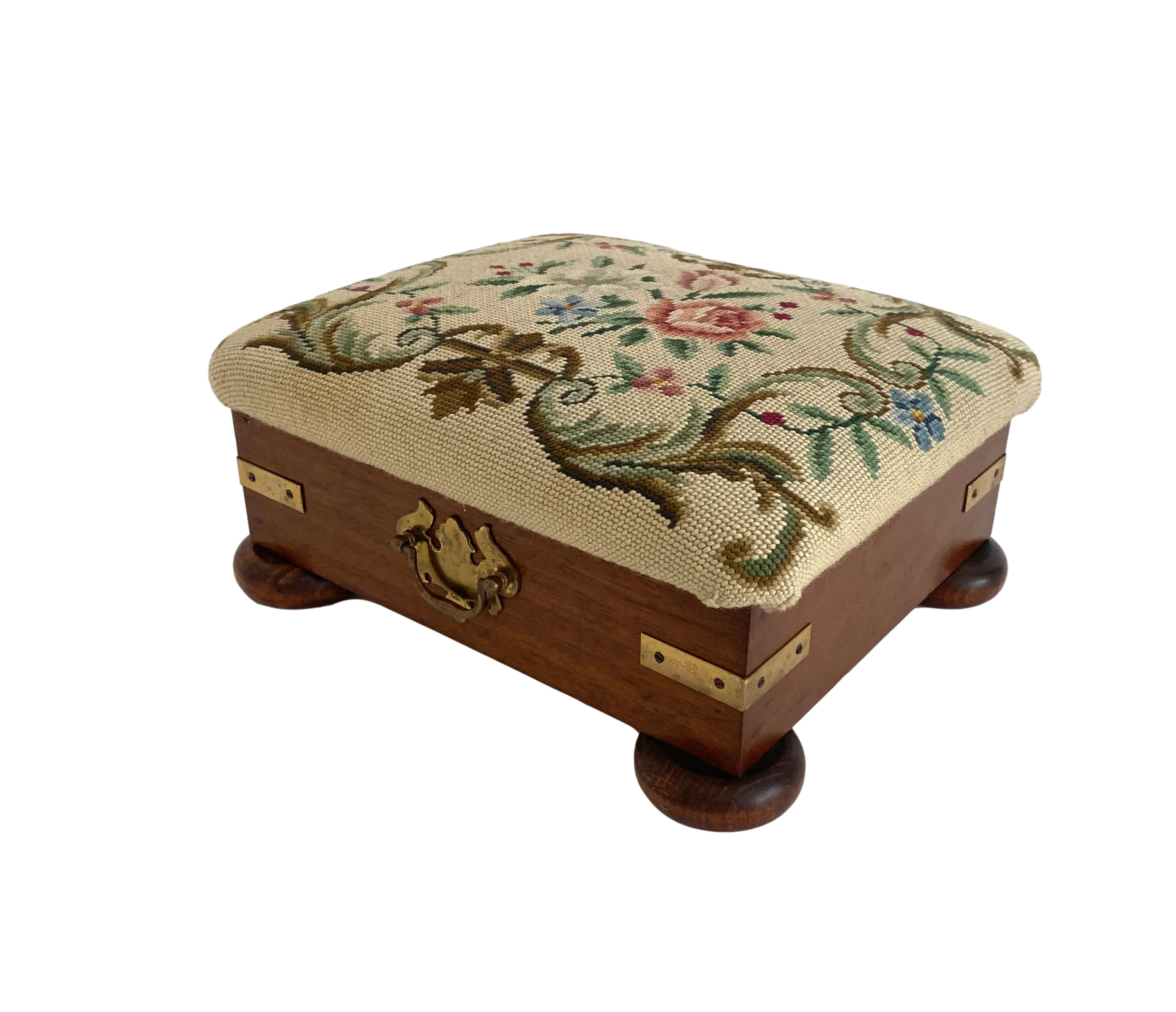 English Needlepoint/ Mahogany Foot Stool - beige