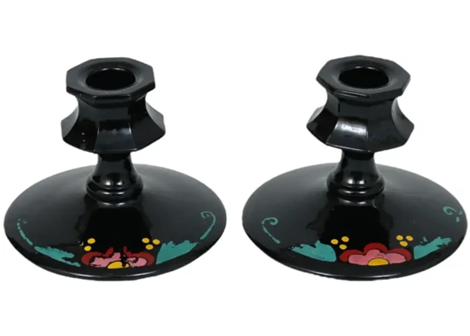 Black Glass Candlestick Holders - a Pair