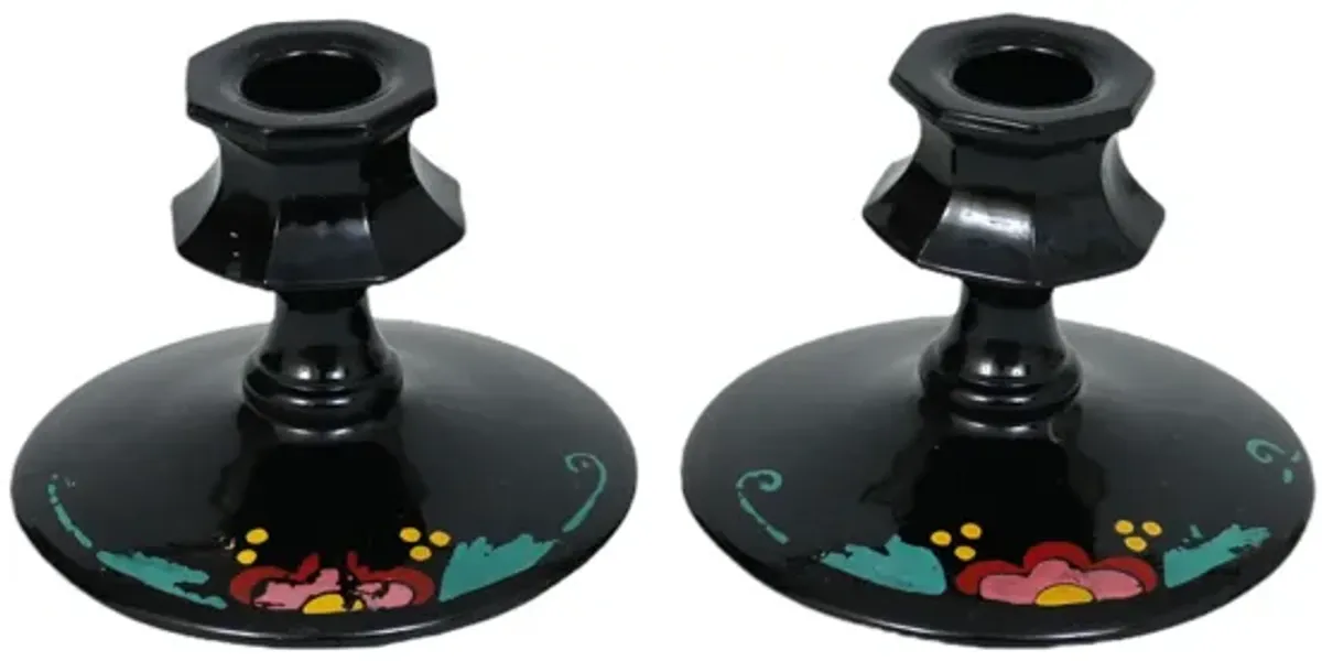 Black Glass Candlestick Holders - a Pair