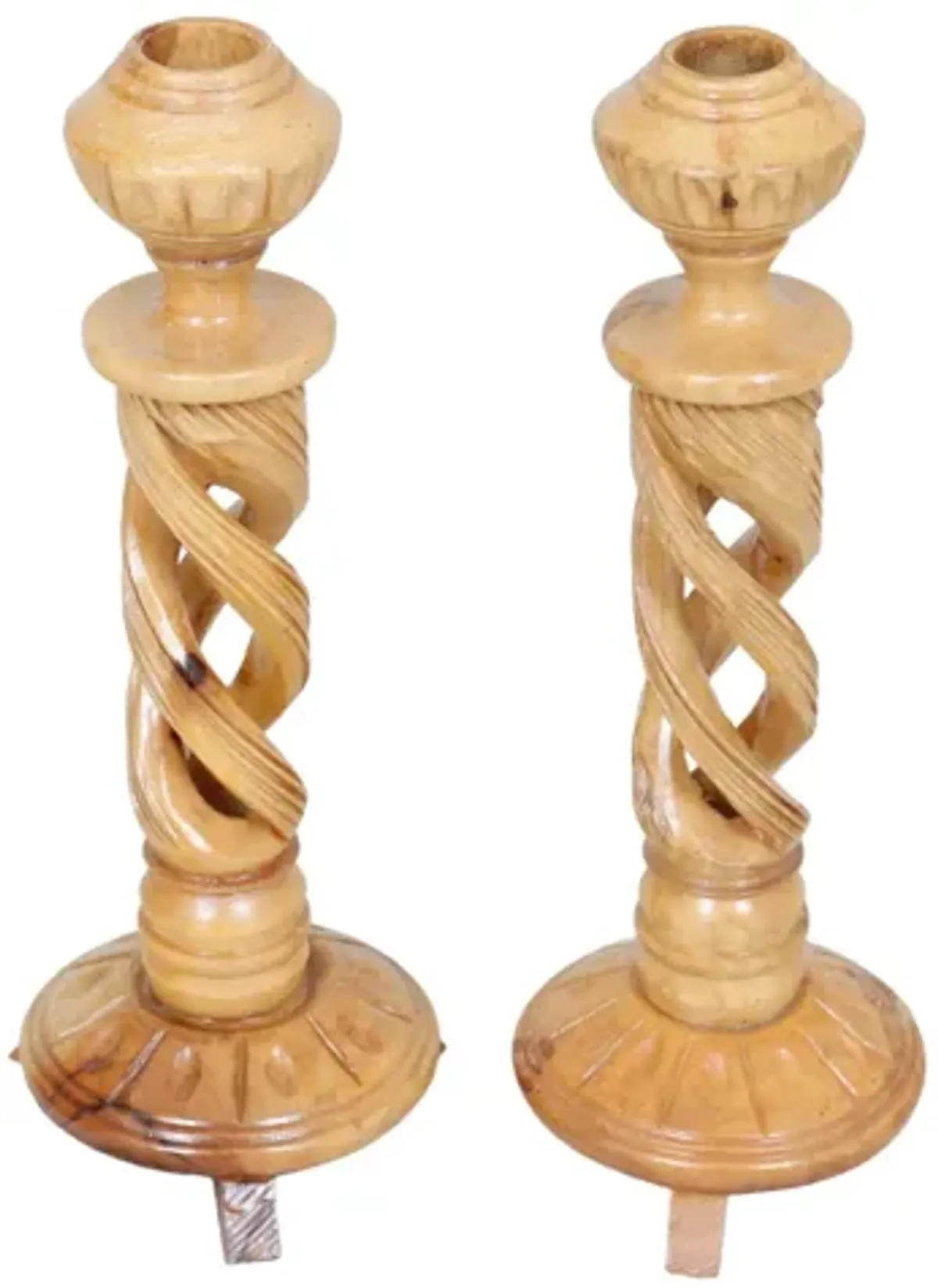 Olive Wood Spiral Candlesticks - a Pair - Brown