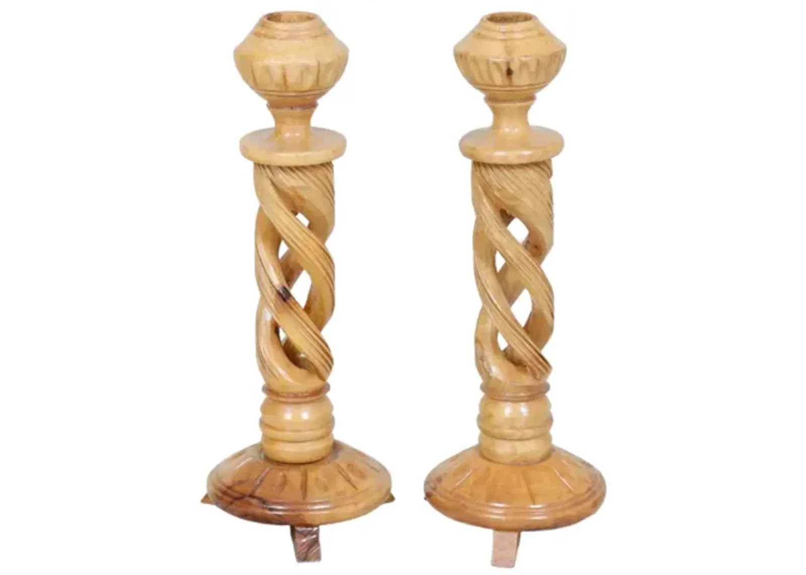 Olive Wood Spiral Candlesticks - a Pair - Brown