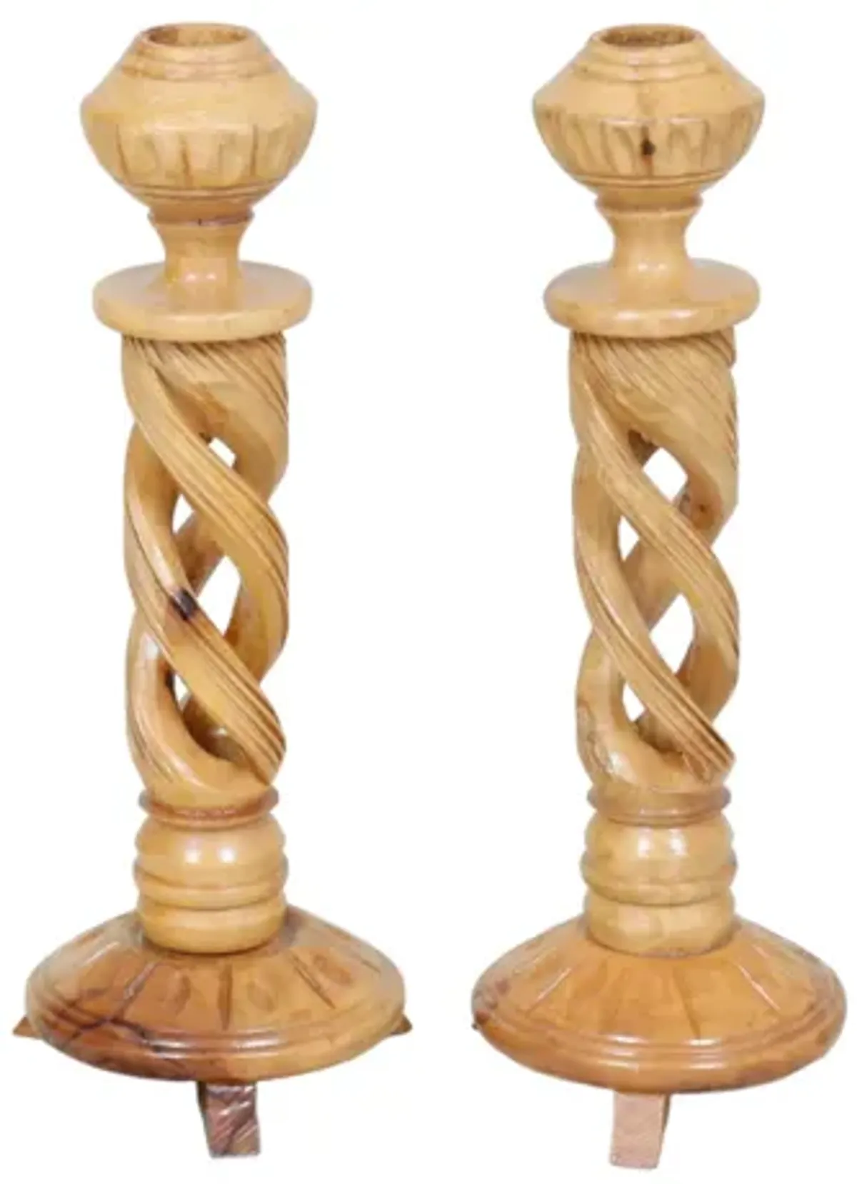 Olive Wood Spiral Candlesticks - a Pair - Brown