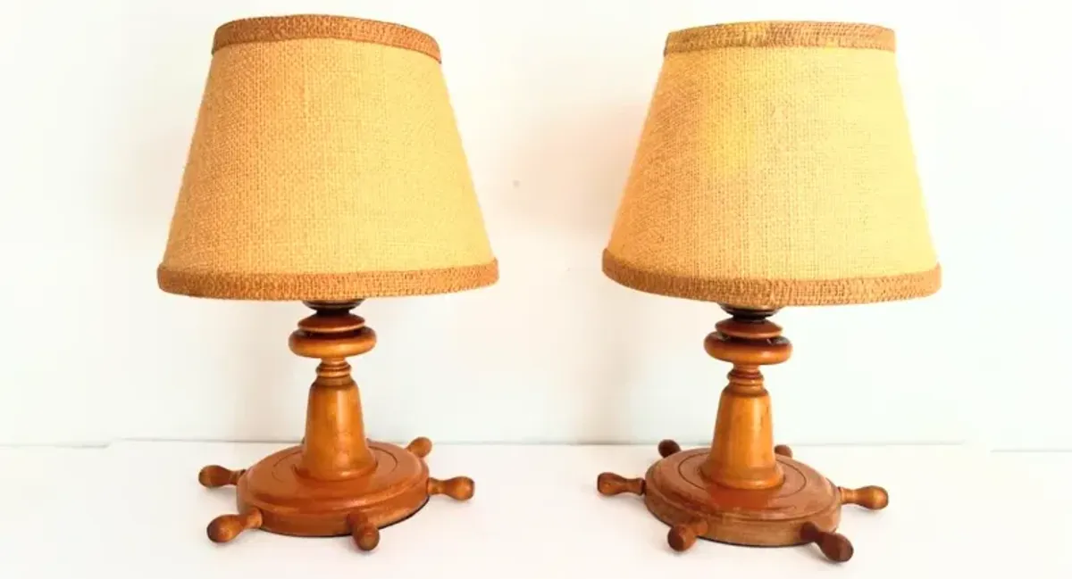 Wood Ship's Wheel Lamps & Shades - Set of 2 - Brown