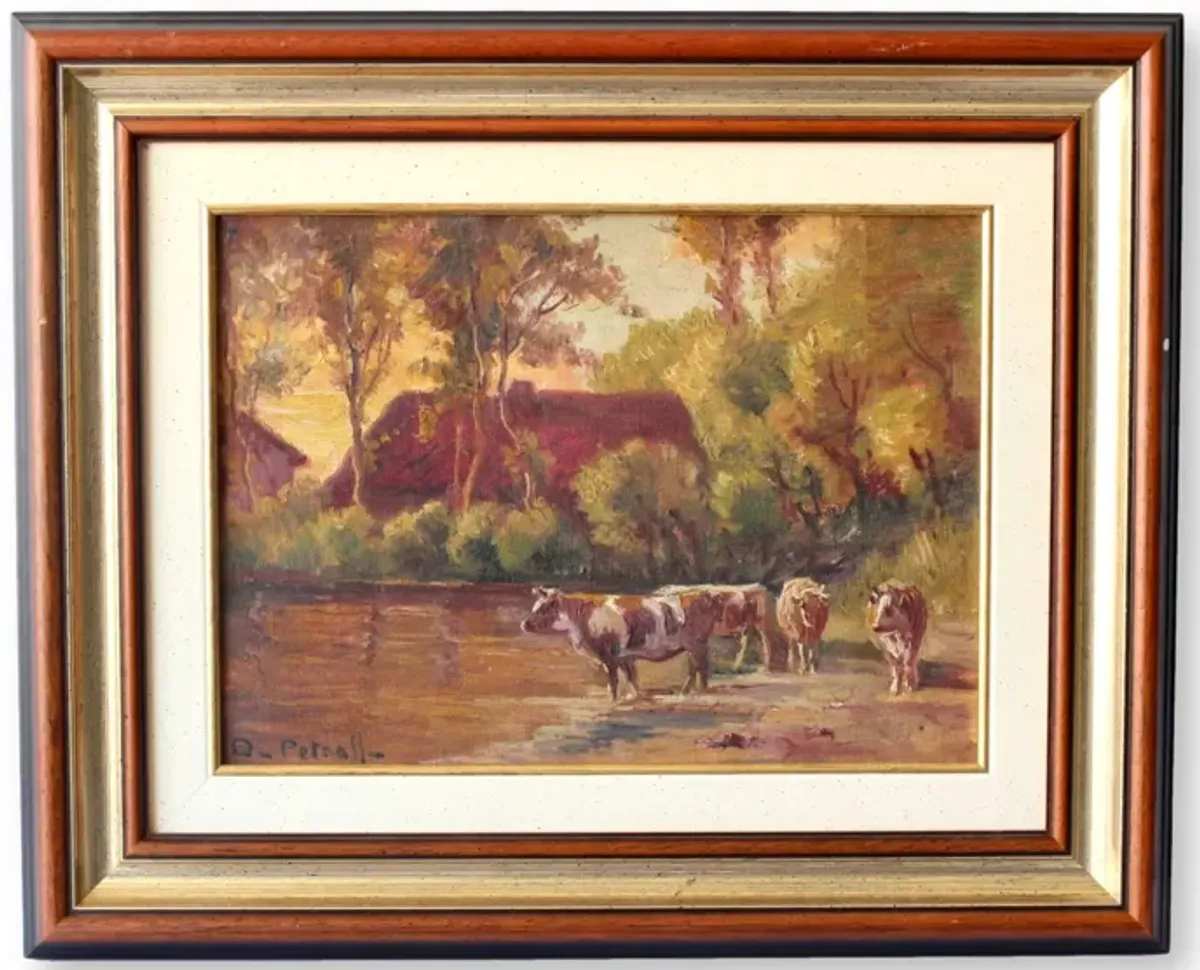 1931 Pastoral French Landscape with Cows - Brown