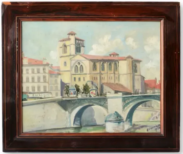 1932 French Cityscape Oil Painting - Rose Victoria - Blue