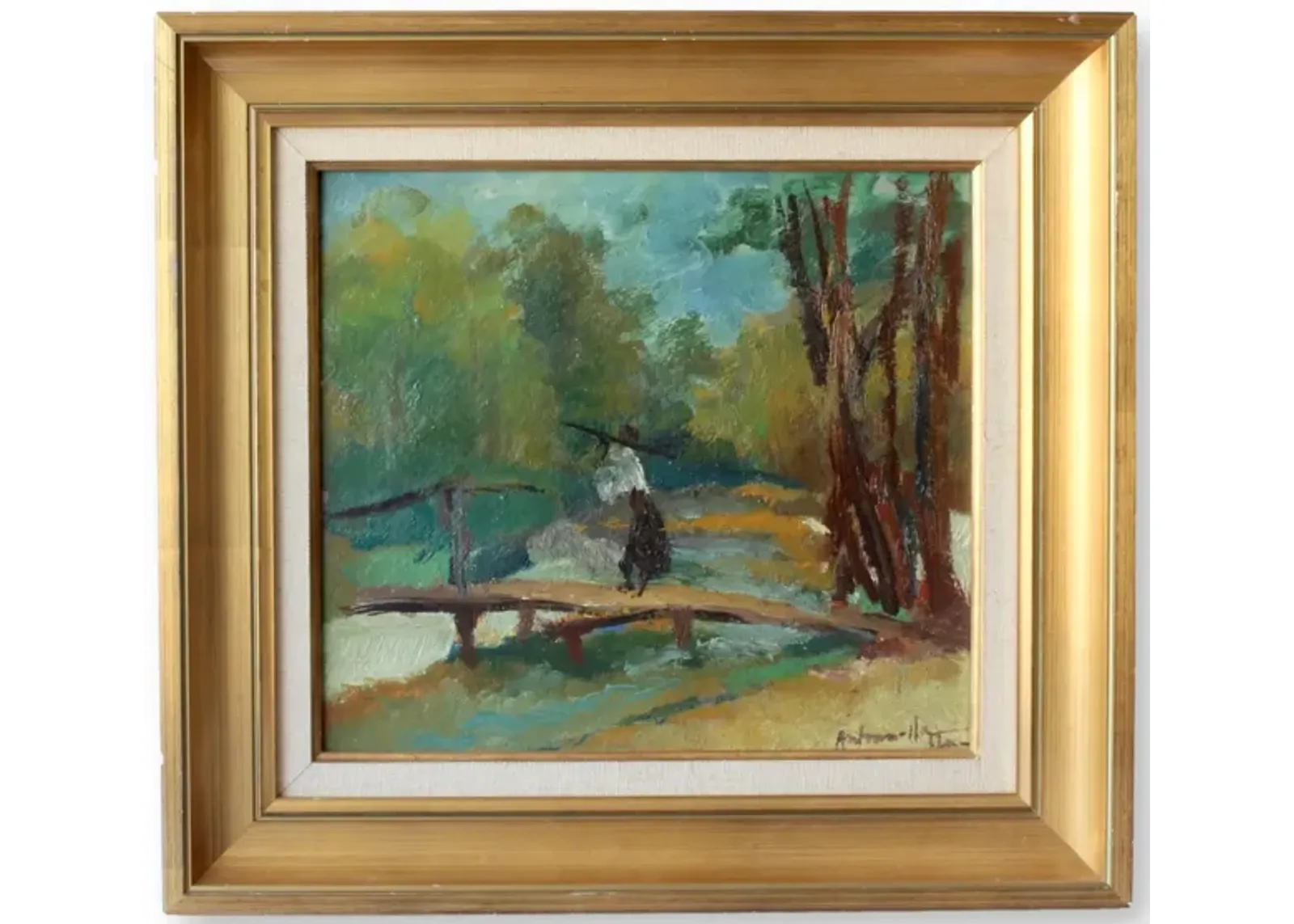 Midcentury French Bridge Scene Painting