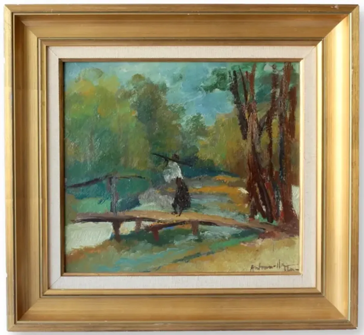 Midcentury French Bridge Scene Painting