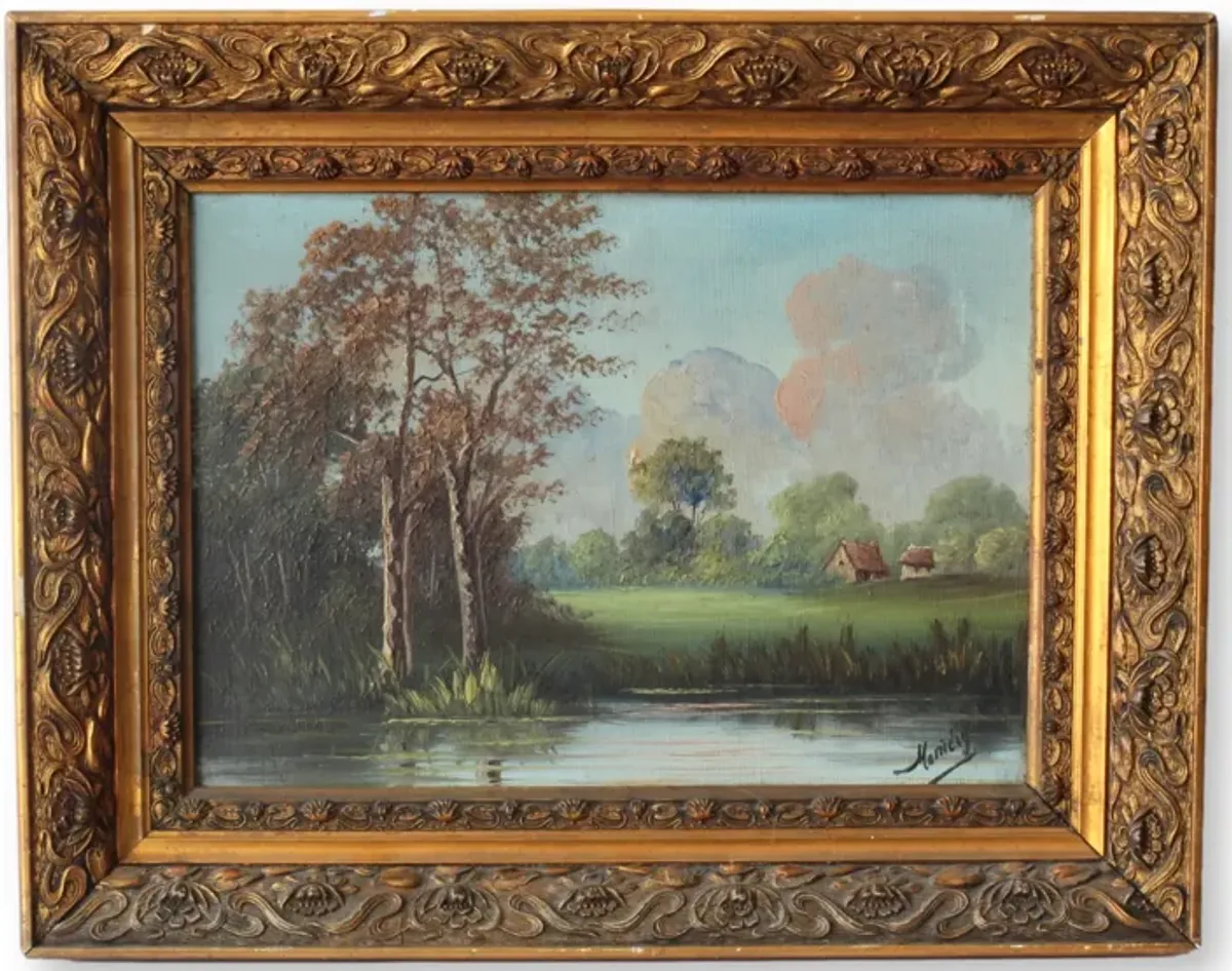 Antique French Landscape Oil Painting - Brown