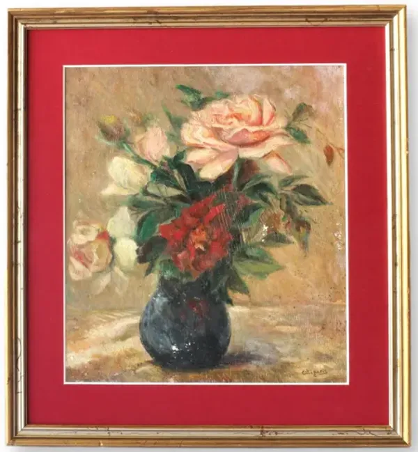 Midcentury French Still Life with Roses - Rose Victoria - Red