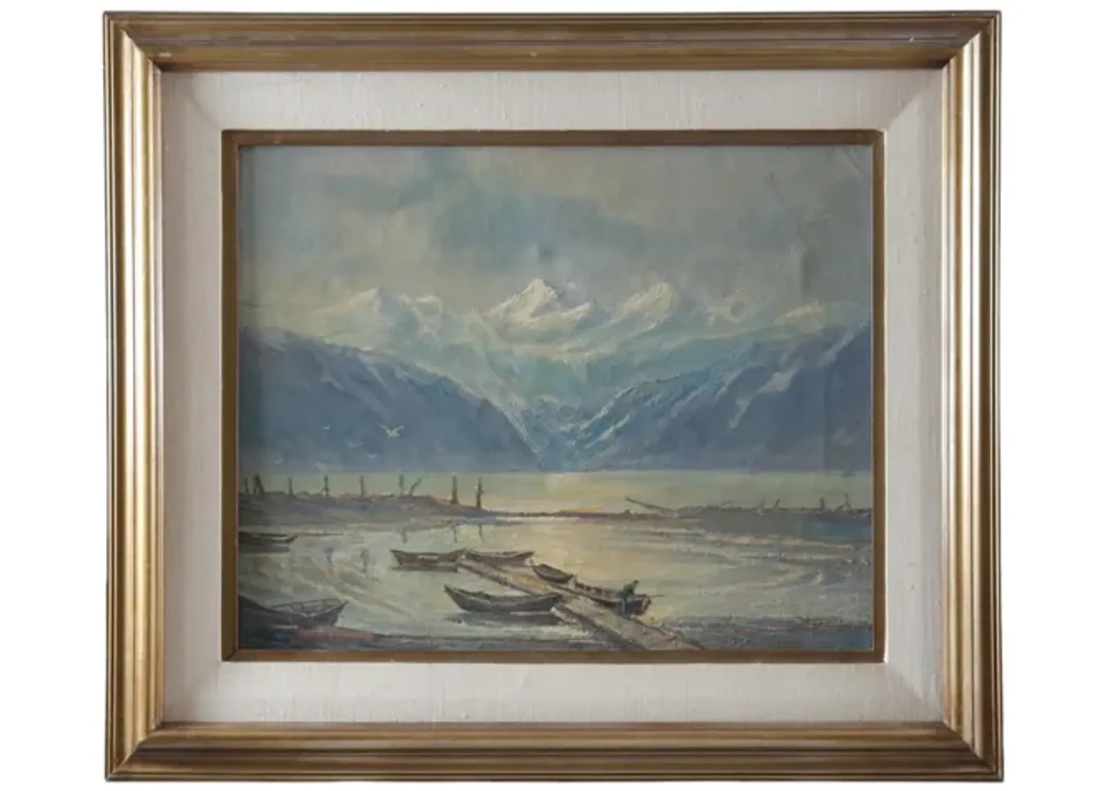 Midcentury French Coastal Scene with Boats