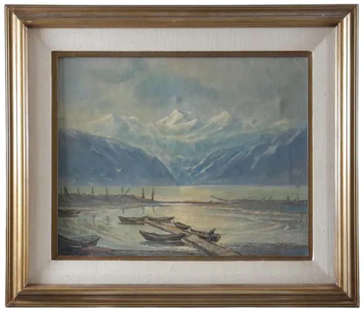 Midcentury French Coastal Scene with Boats