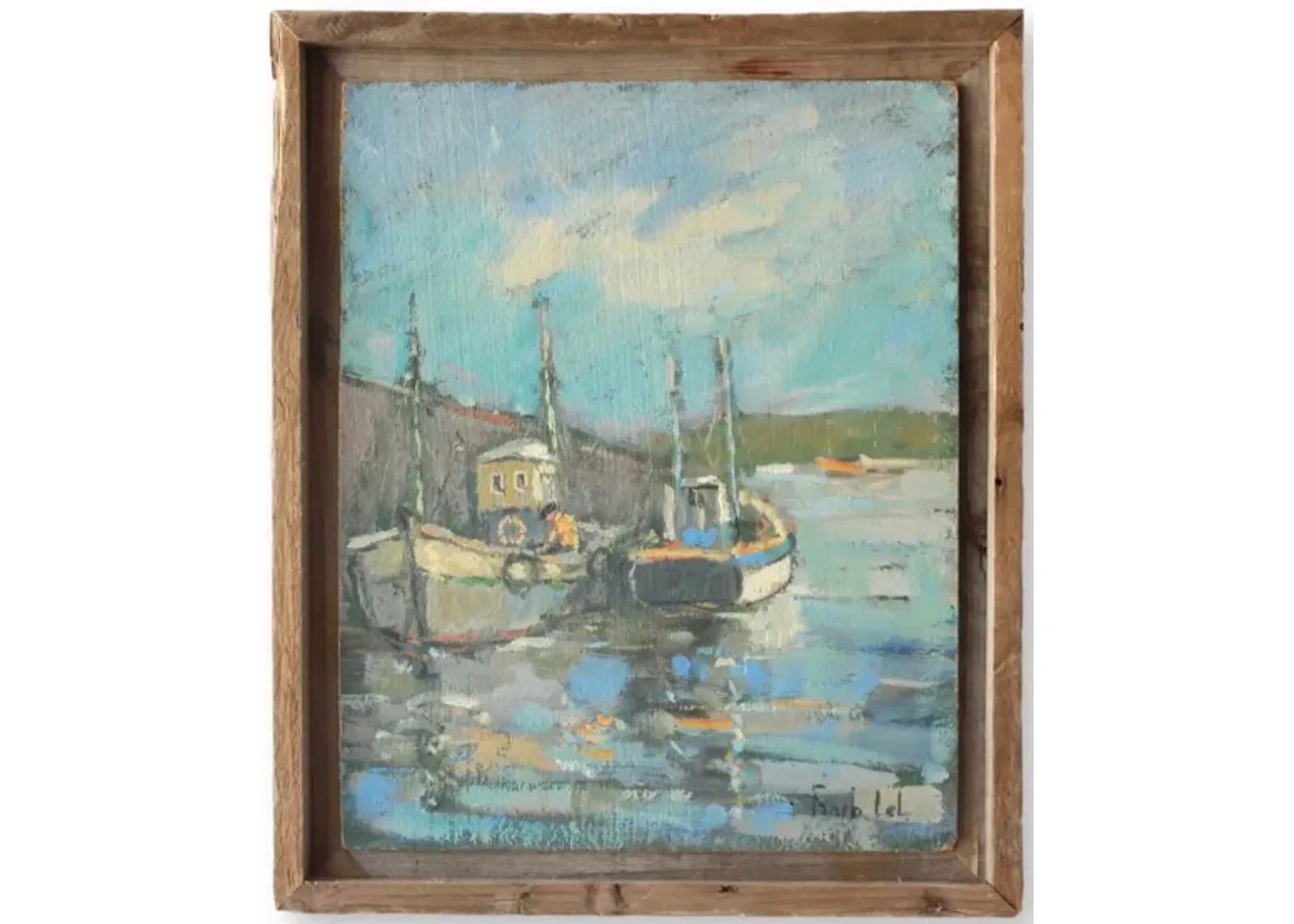 Midcentury Harbor Scene with Fishing Boats