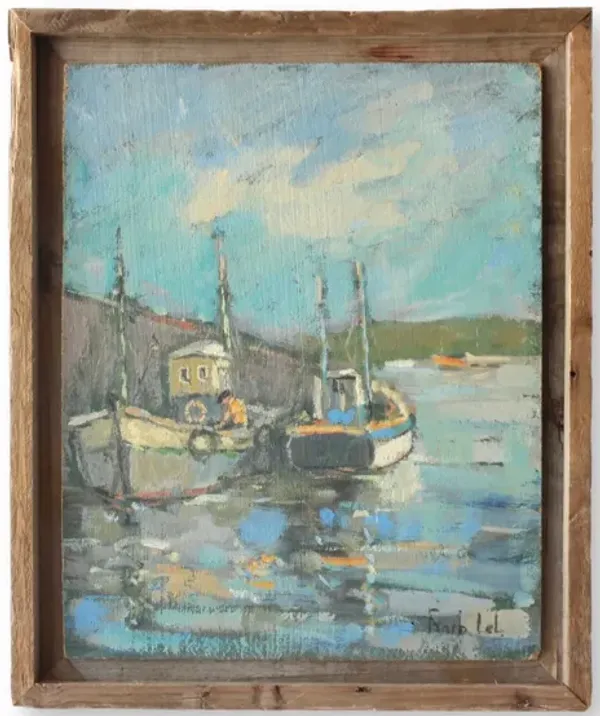 Midcentury Harbor Scene with Fishing Boats - Rose Victoria - Blue