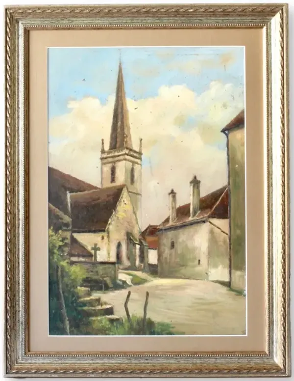 Midcentury French Village Church Scene - Rose Victoria - Brown