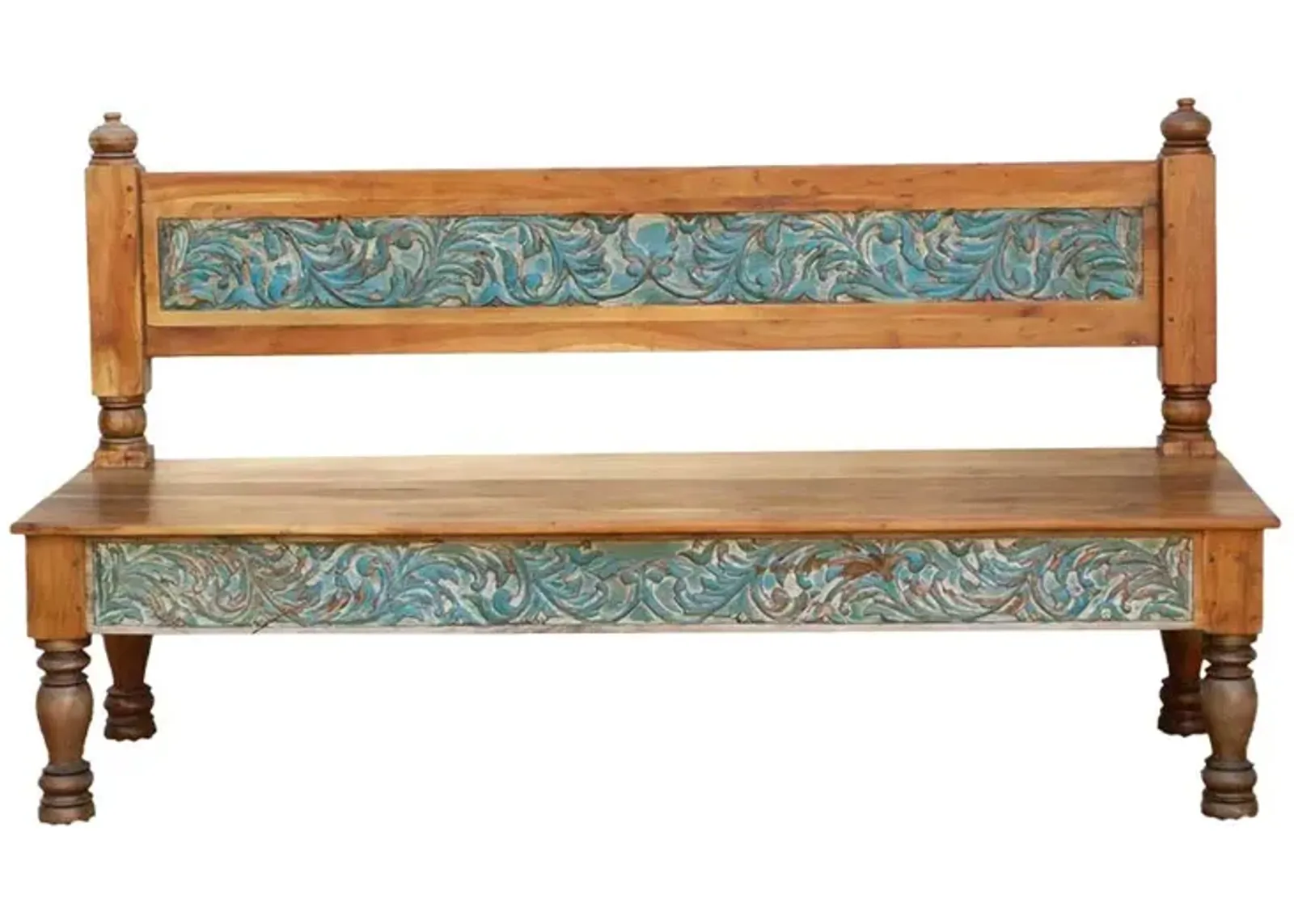 Reclaimed Wood Carved Aqua Beam Bench - Brown