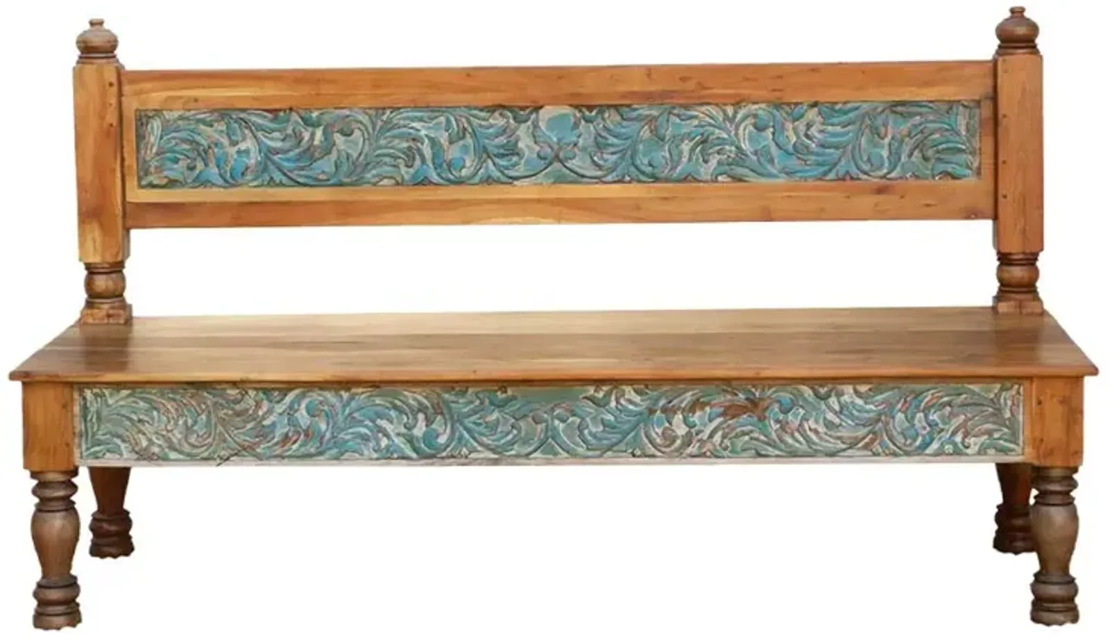 Reclaimed Wood Carved Aqua Beam Bench - Brown