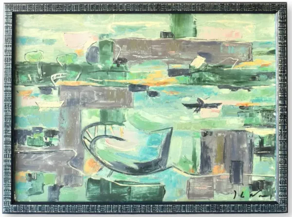 Midcentury French Abstract Landscape - The Queens Landing - Blue