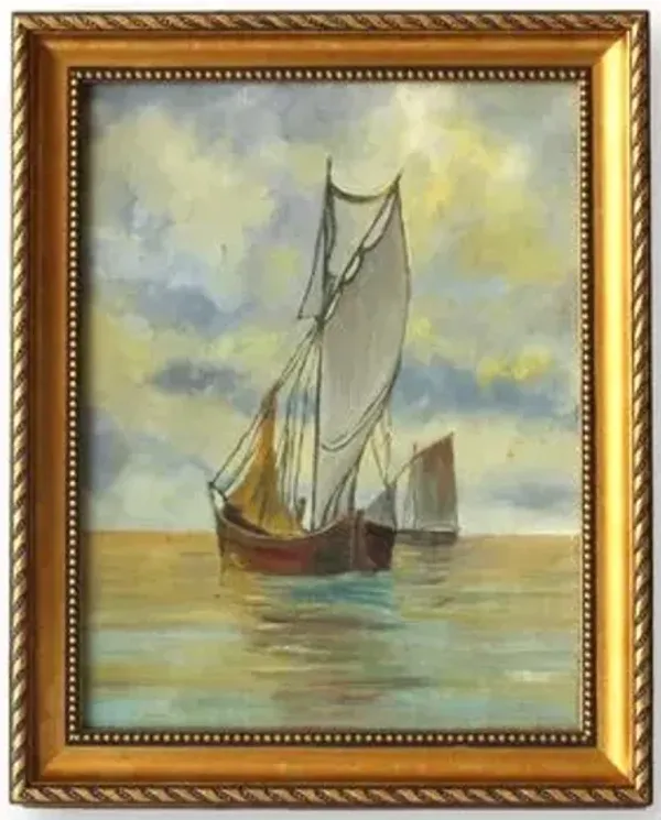 Antique French Seascape with Sailboats - New England Mercantile - green