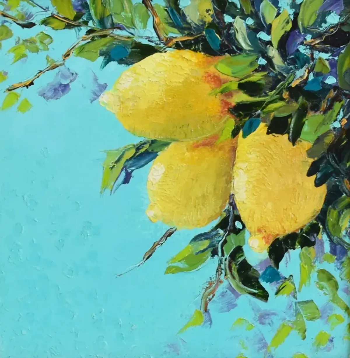 Botanical Lemon Citrus Tree Oil Painting - Blue