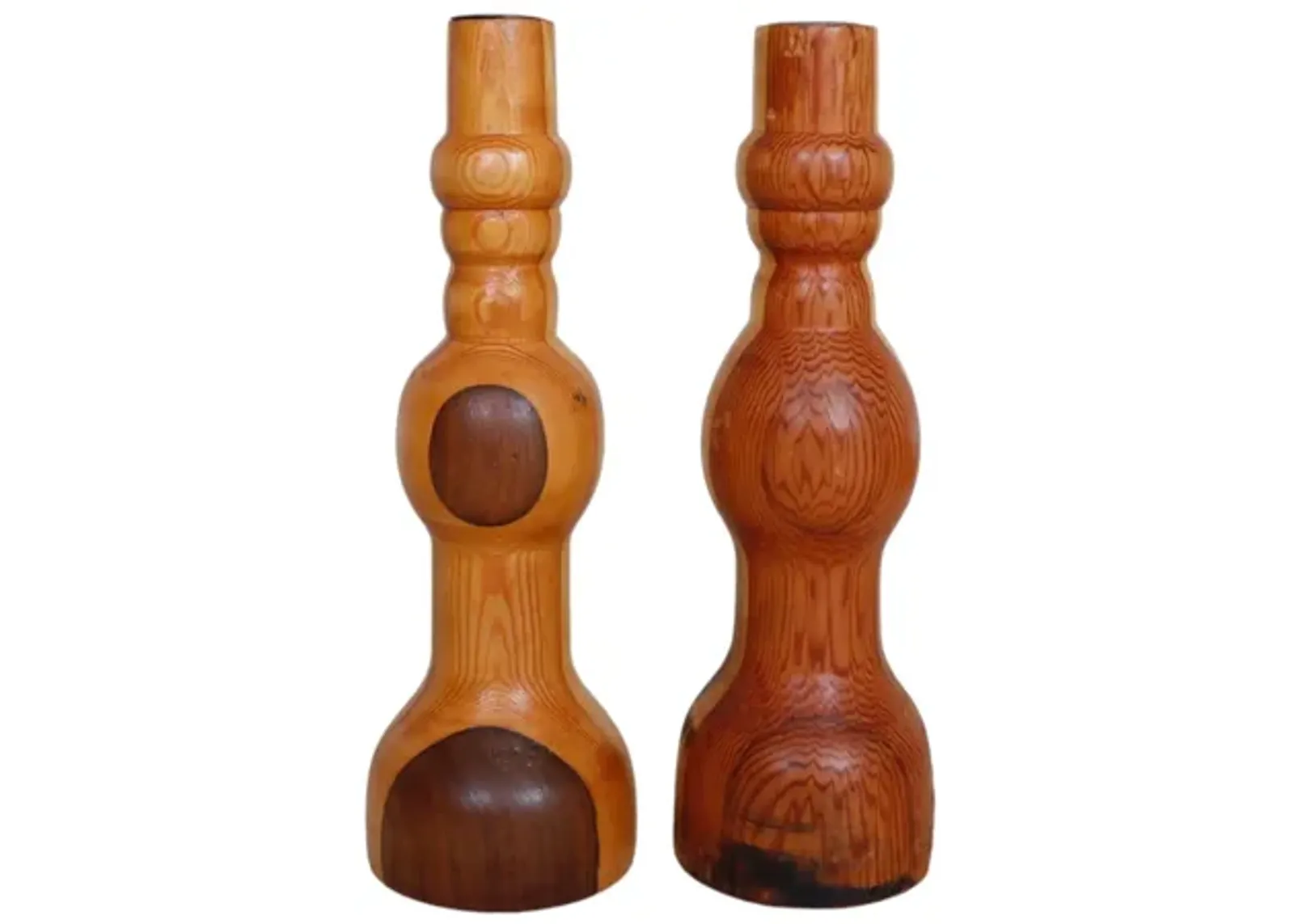 Rustic Pine Candlestick Holders - a Pair - Brown