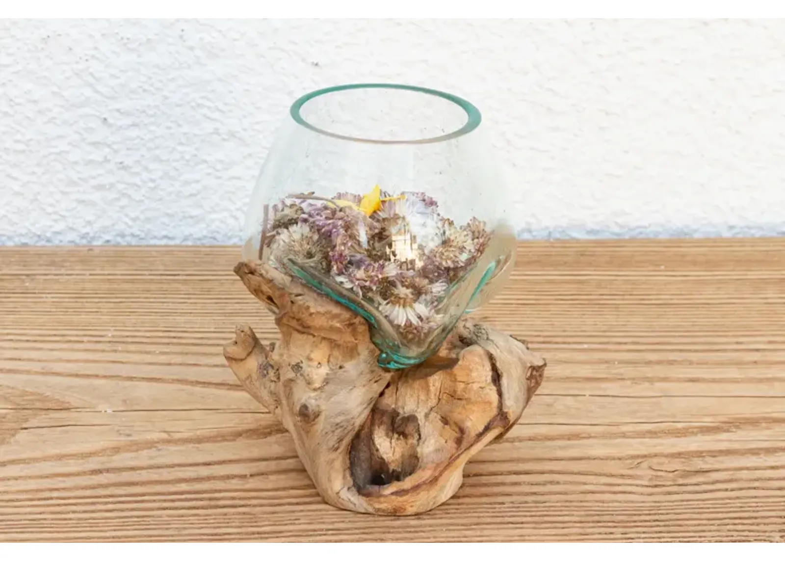 Teak Driftwood Glass Centerpiece - Handcrafted