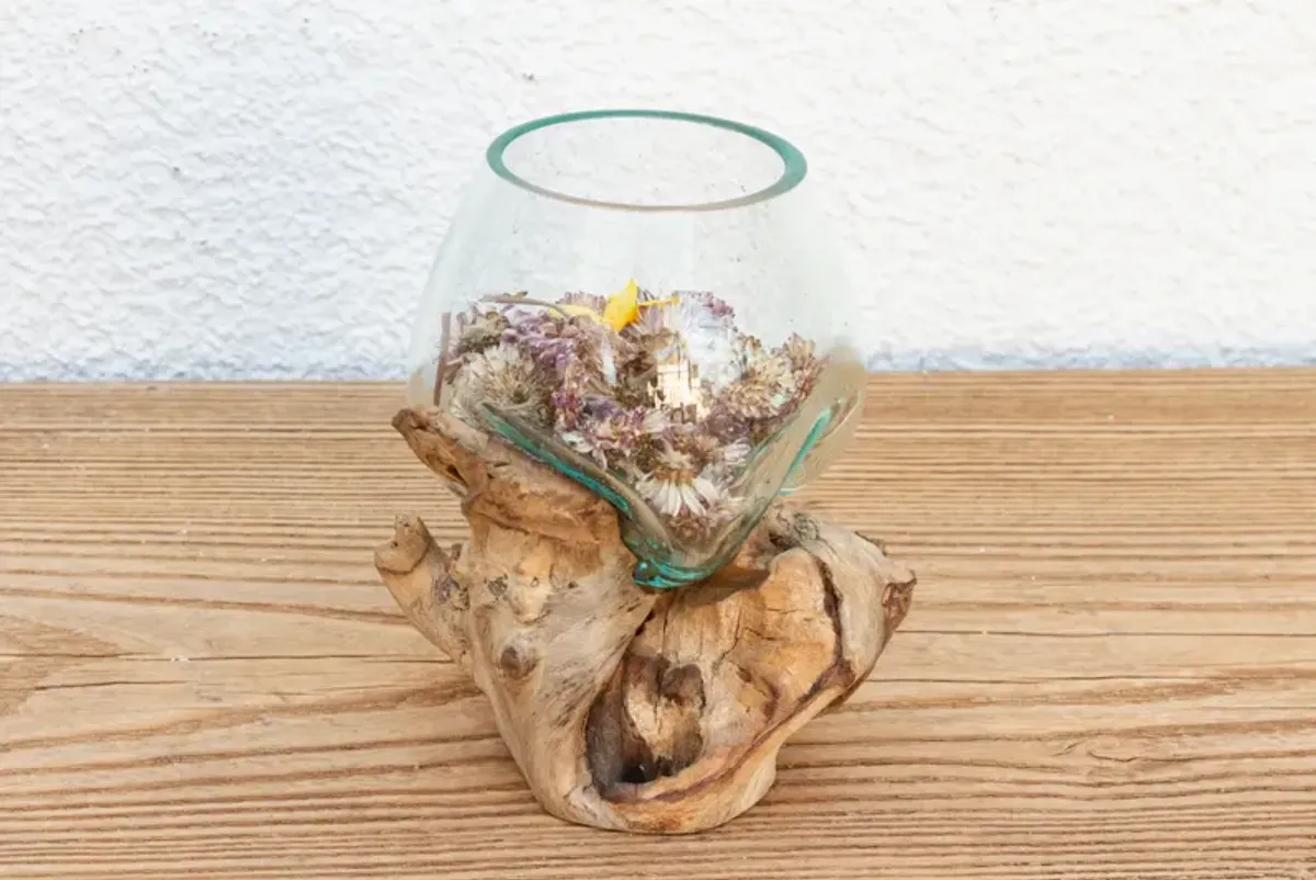 Teak Driftwood Glass Centerpiece - Handcrafted