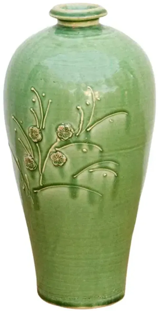 Tall Glazed Floral Engraved Vase - de-cor