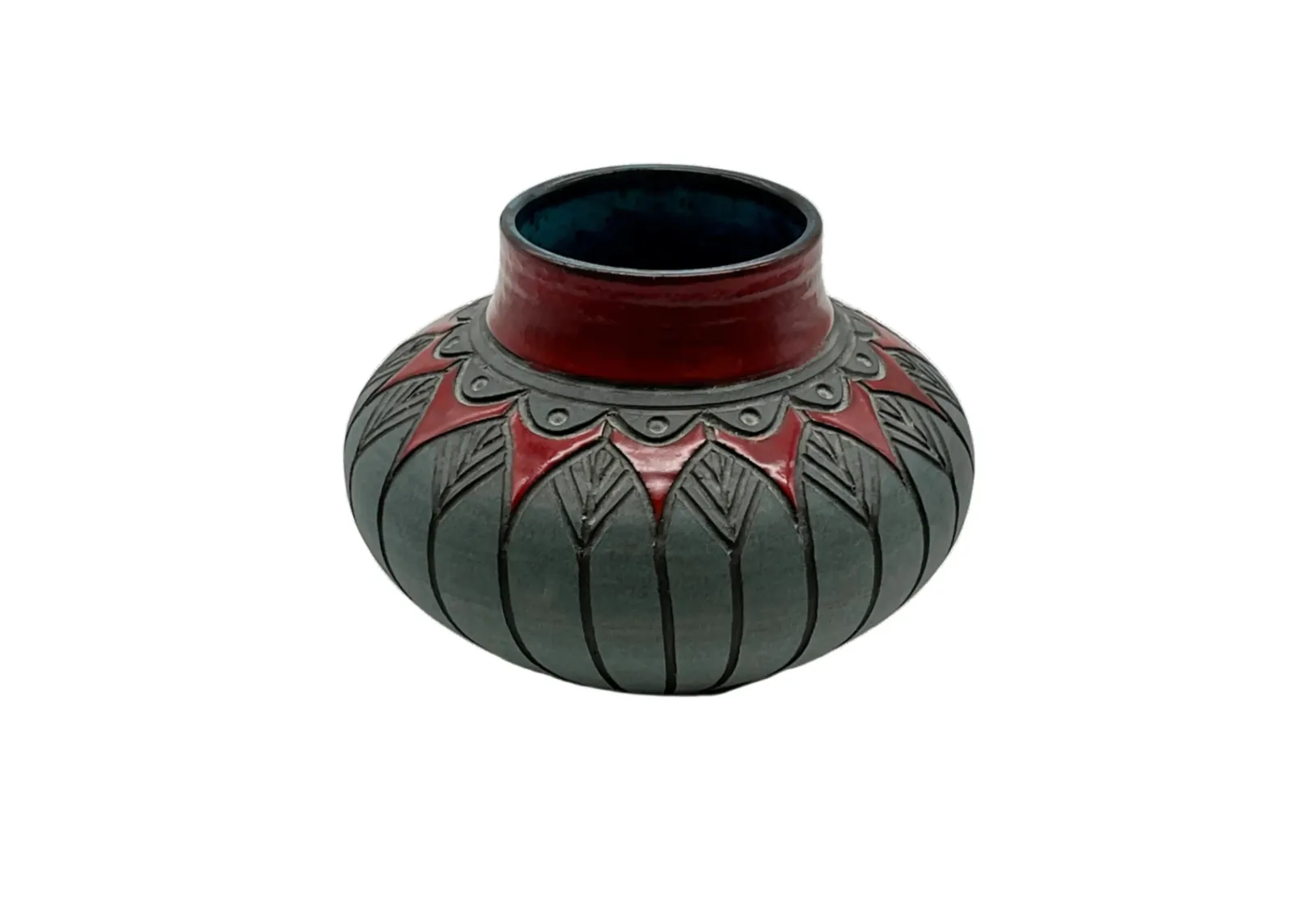 Glazed Blue-Gray Pottery Low Vase - Red