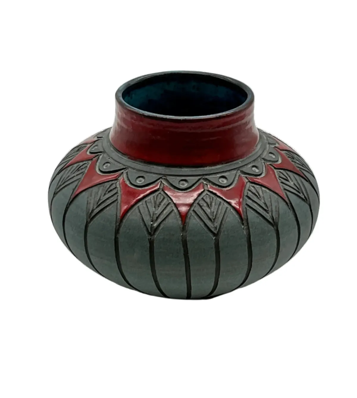 Glazed Blue-Gray Pottery Low Vase - Red