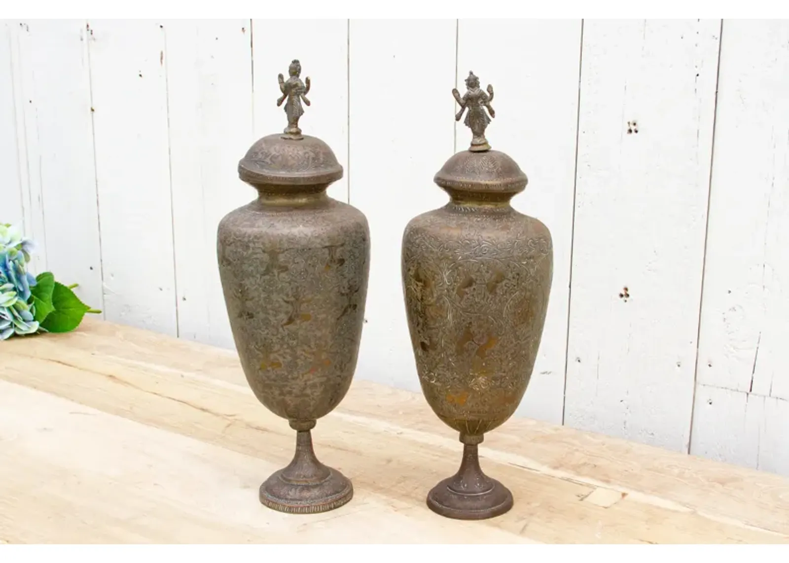 Pair of Midcentury Brass Engraved Vessel - Handcrafted