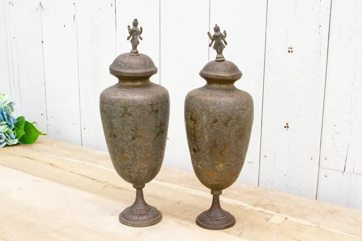 Pair of Midcentury Brass Engraved Vessel - Handcrafted