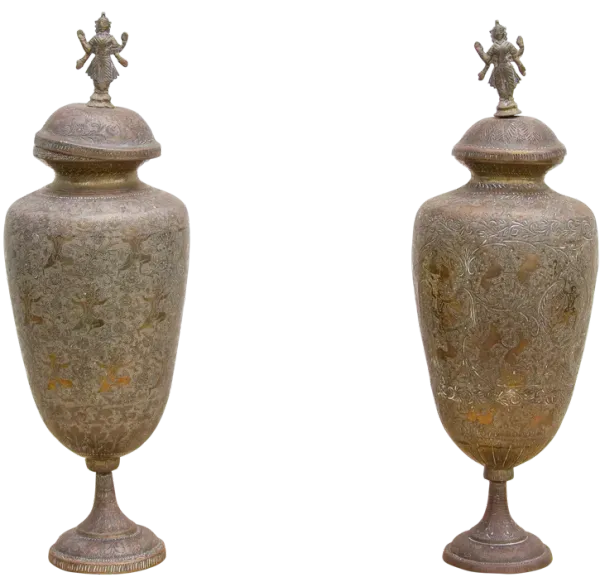 Pair of Midcentury Brass Engraved Vessel