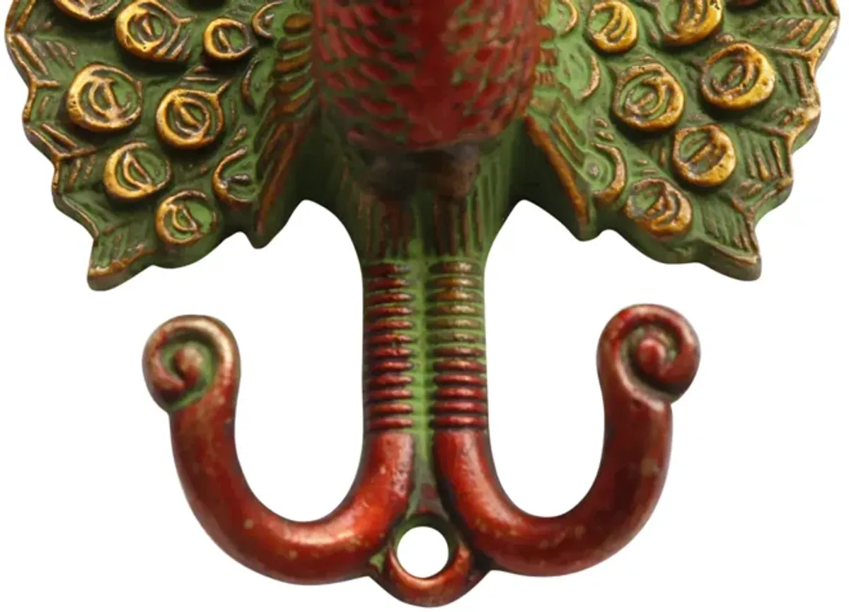 Green & Red Brass Peacock Wall Hooks