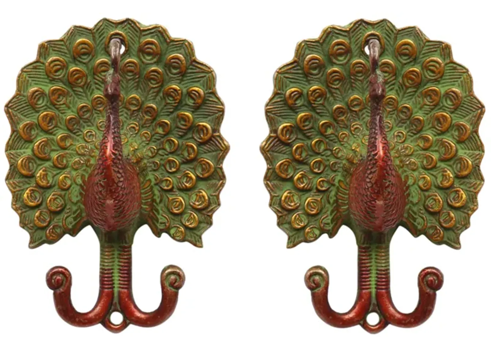 Green & Red Brass Peacock Wall Hooks